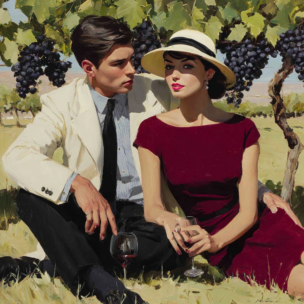 Attractive couple drinking wine in a vineyard