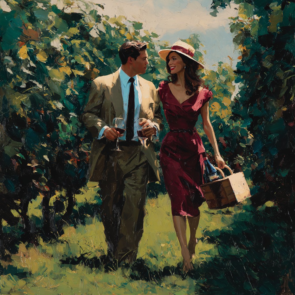 Attractive couple walking through a vineyard 