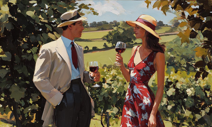 Couple drinking red wine in a vineyard on a summers day